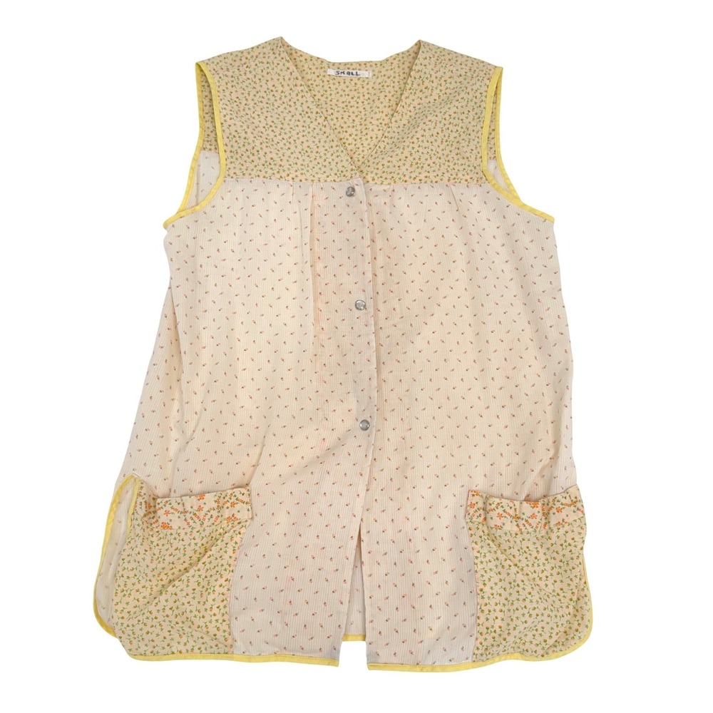 VTG Cottage Sweet Ditsy Floral Apron Vest Dress Small Pockets Pearl Snap Boho